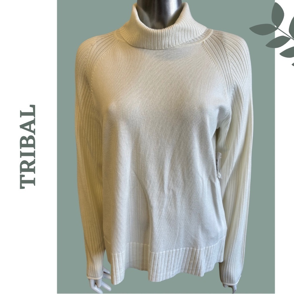 Tribal Lightweight Knit Turtleneck Sweater Pullover Ribbed Detail Cream Size M